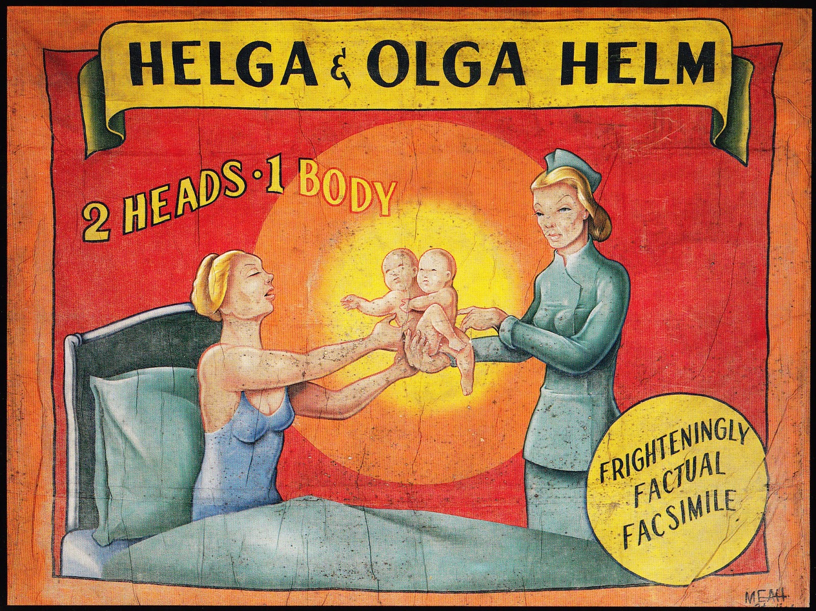Vintage freak show banner depicting two-headed baby as seen at Coney Island 