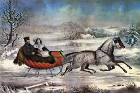 Currier and Ives painting of a horse drawn sleigh ride. 