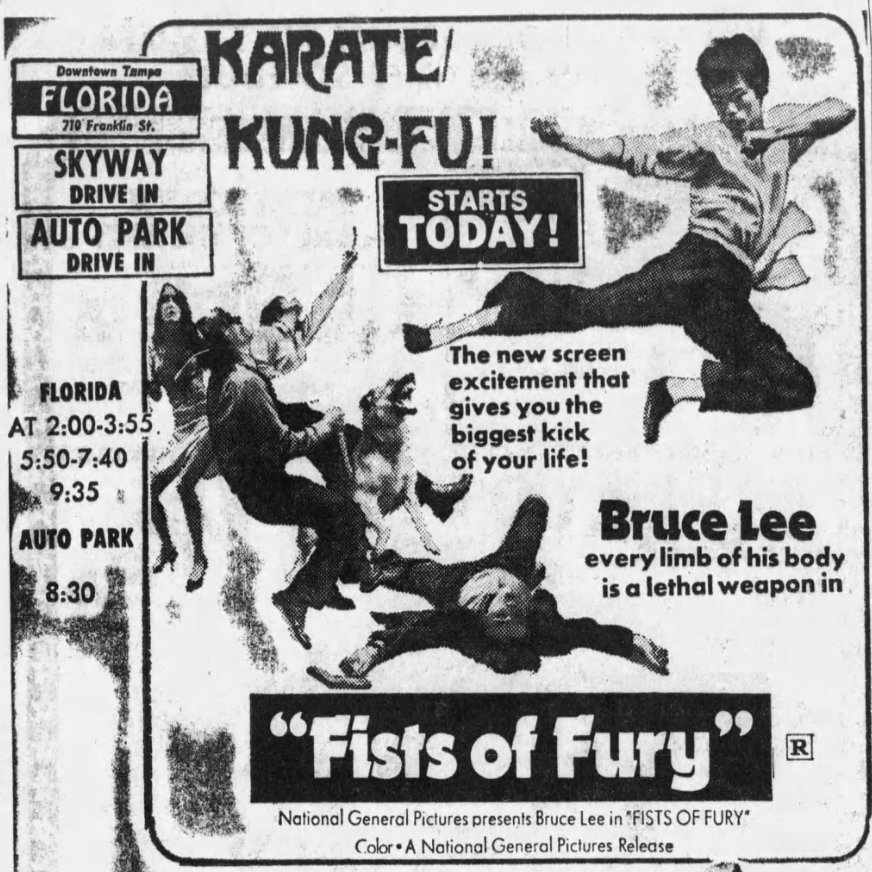 Newspaper ad for Fists of Fury starring Bruce Lee