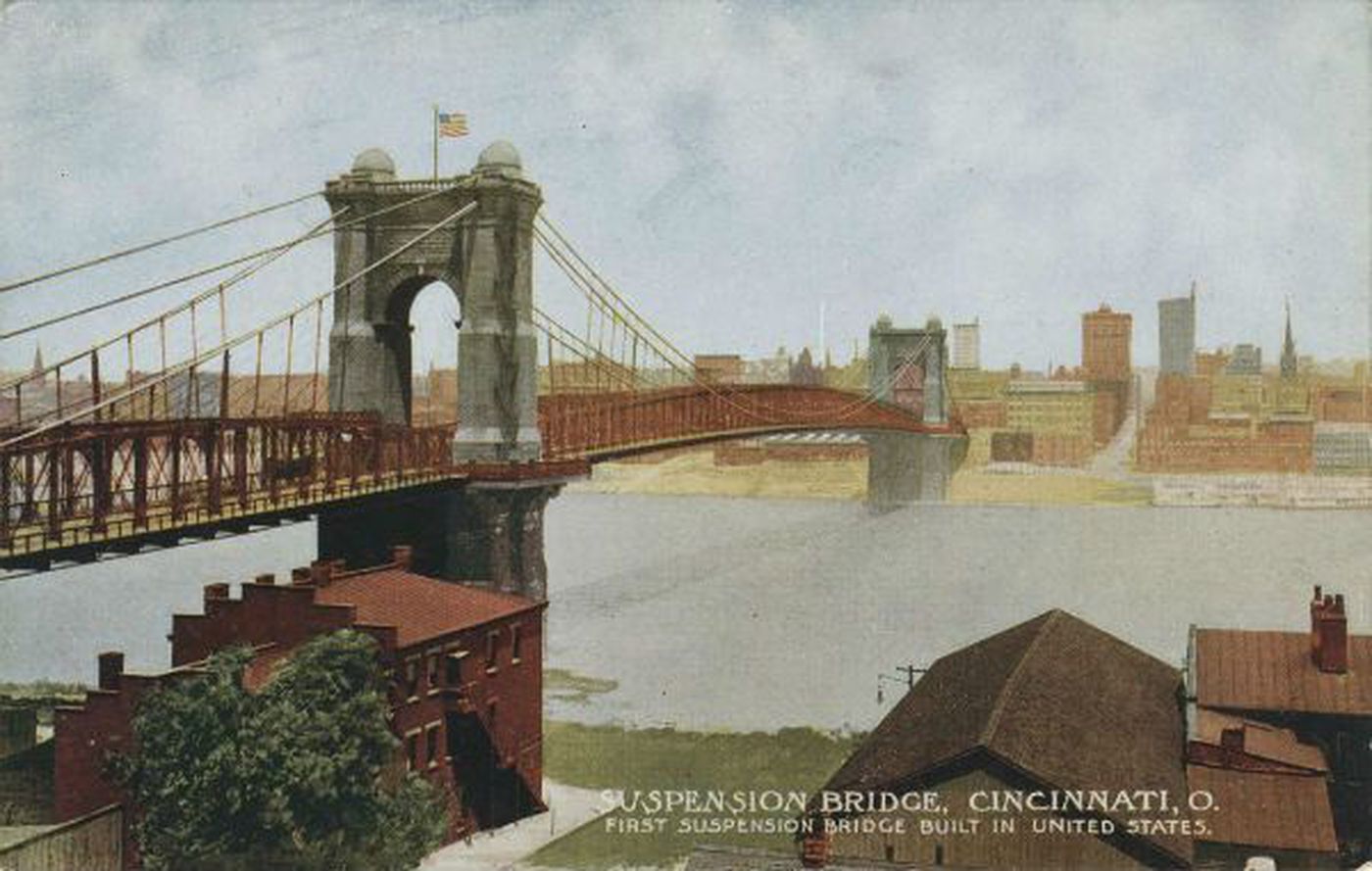 Vintage postcard of the John A. Roebling Suspension Bridge in Cincinnati, Ohio. 