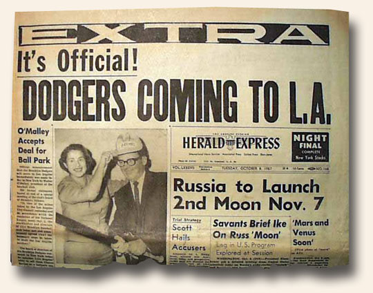 Newspaper front page abut Brooklyn Dodgers move to Los Angeles