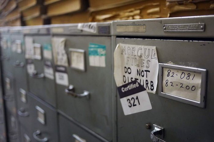 Filing cabinets in a newspaper morgue 