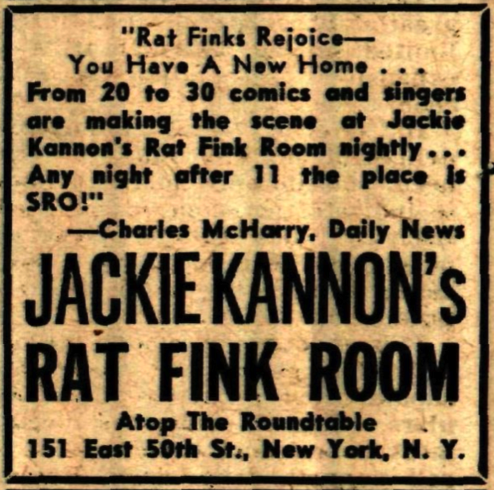 Vintage ad for Jackie Kannon at The Rat Fink Room, NYC