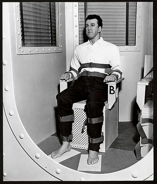 Caryl Chessman in a wax museum gas chamber. 