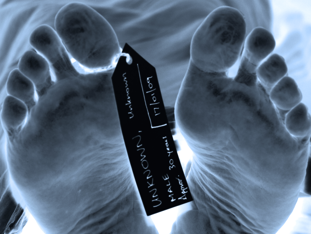 Dead man's feet in morgue with toe tags. 