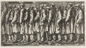 Pen and ink sketch of Depression Era breadline 
