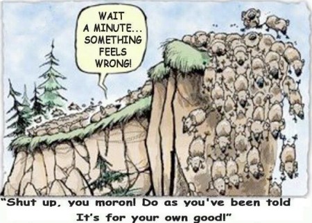 Cartoon of lemmings going over a cliff