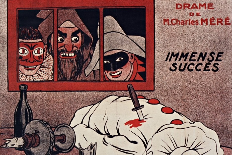 Pierrot stabbed daed on stage with other Commedia dell Arte characters. 