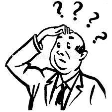 Cartoon man scratching head with question marks.