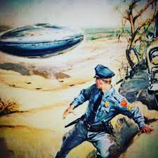 Painting of Lonnie Zamora being a flying saucer. 