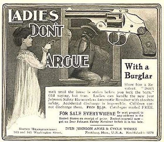 Vintage magazine ad for armed woman and burglar 