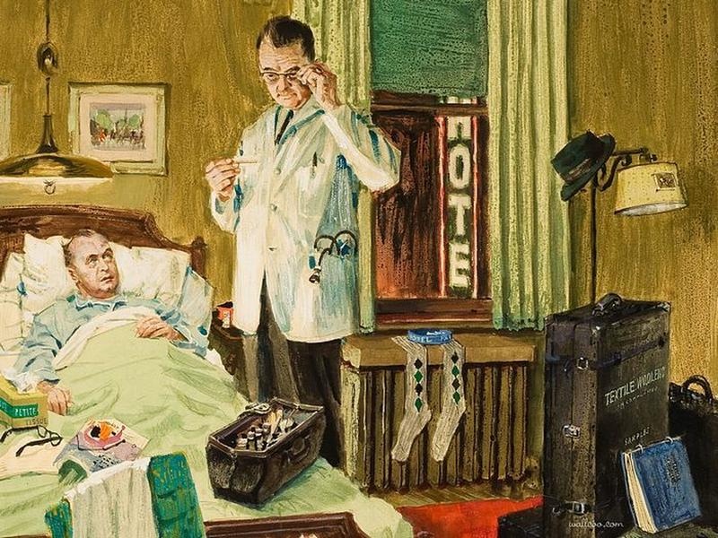 Vintage painting of doctor in hotel room 
