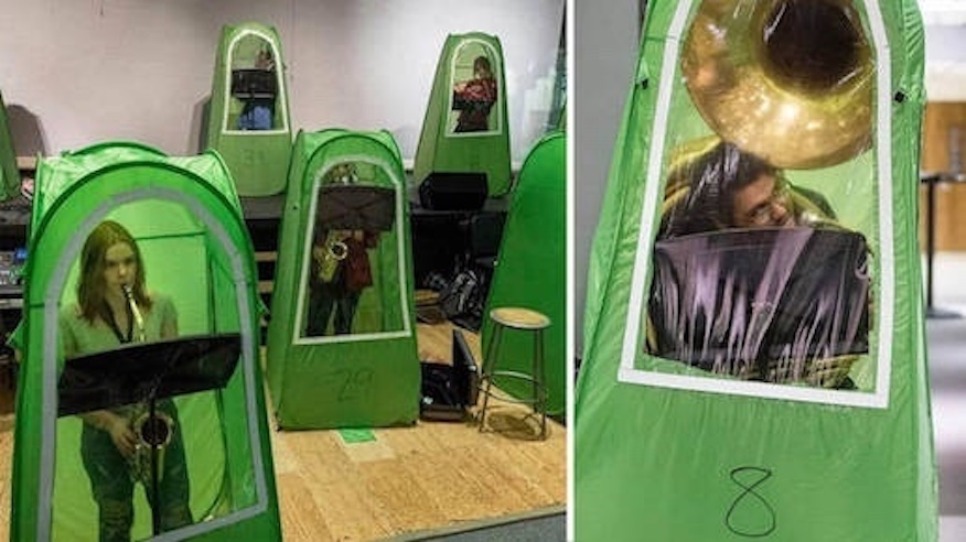 High school band in Covid plastic bubbles 