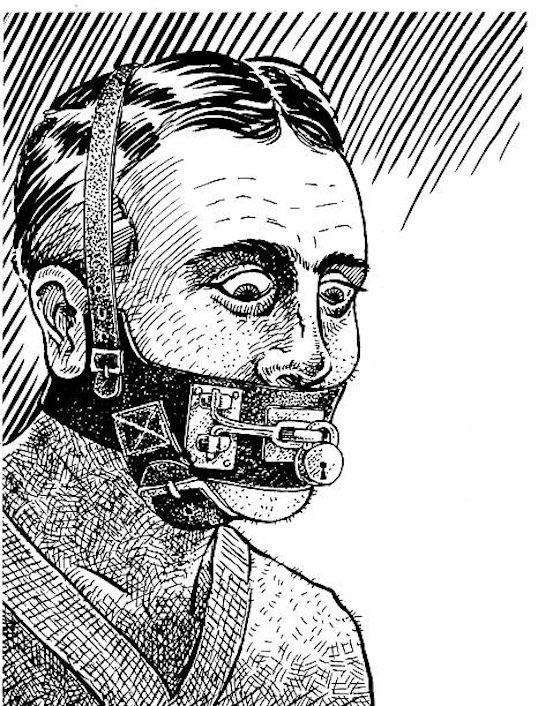 Vintage sketch of man in S&M muzzle 