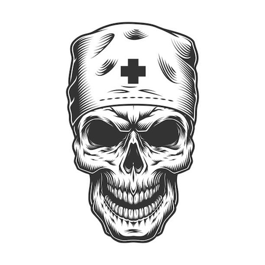 Grinning skull with nurse cap